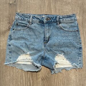 Distressed Light Blue Denim Shorts with Rhinestone Detail